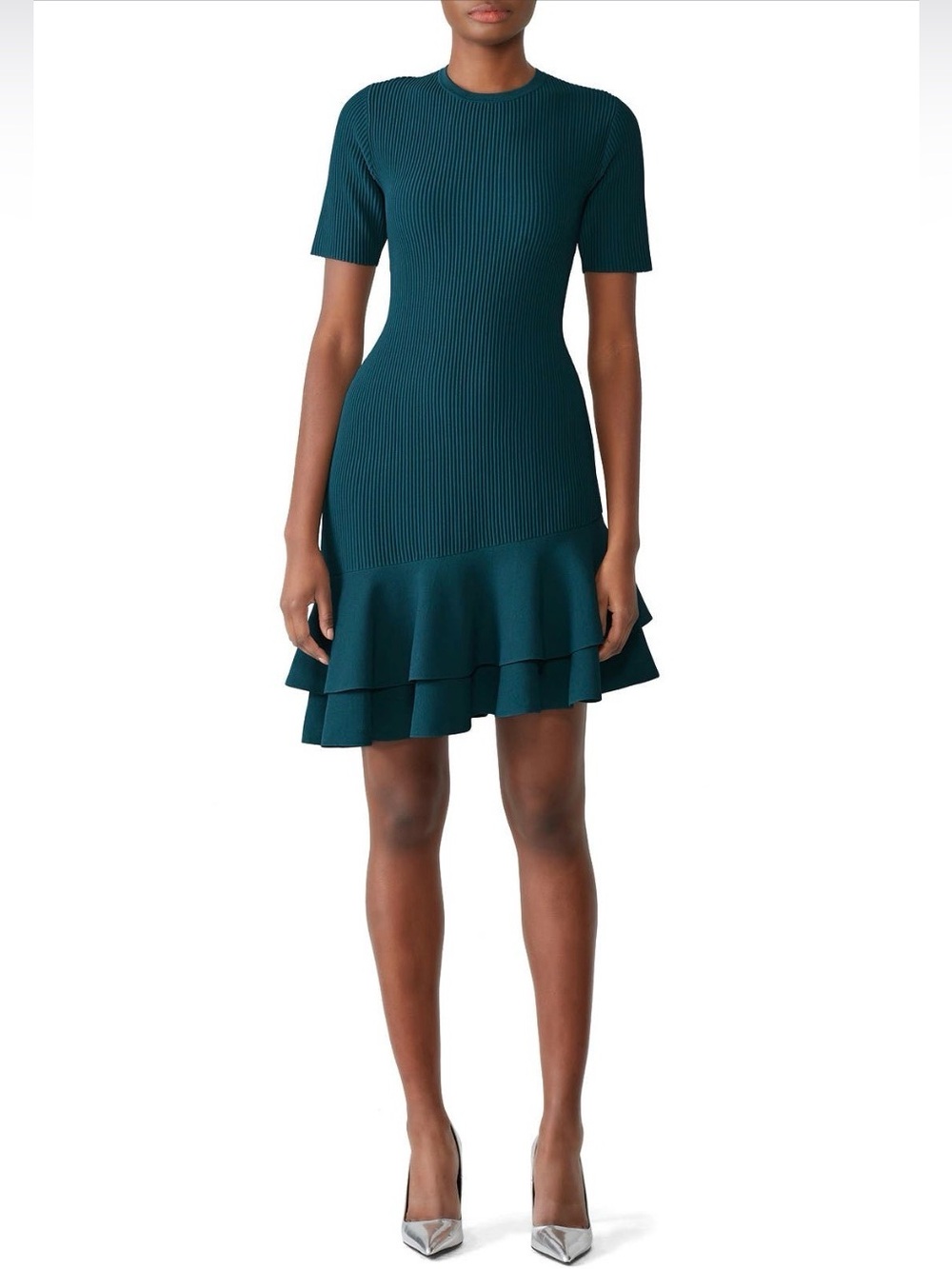 Diane Von Furstenberg - Adeline Dress Teal Ribbed Short-Sleeve Ruffle-Hem Mini